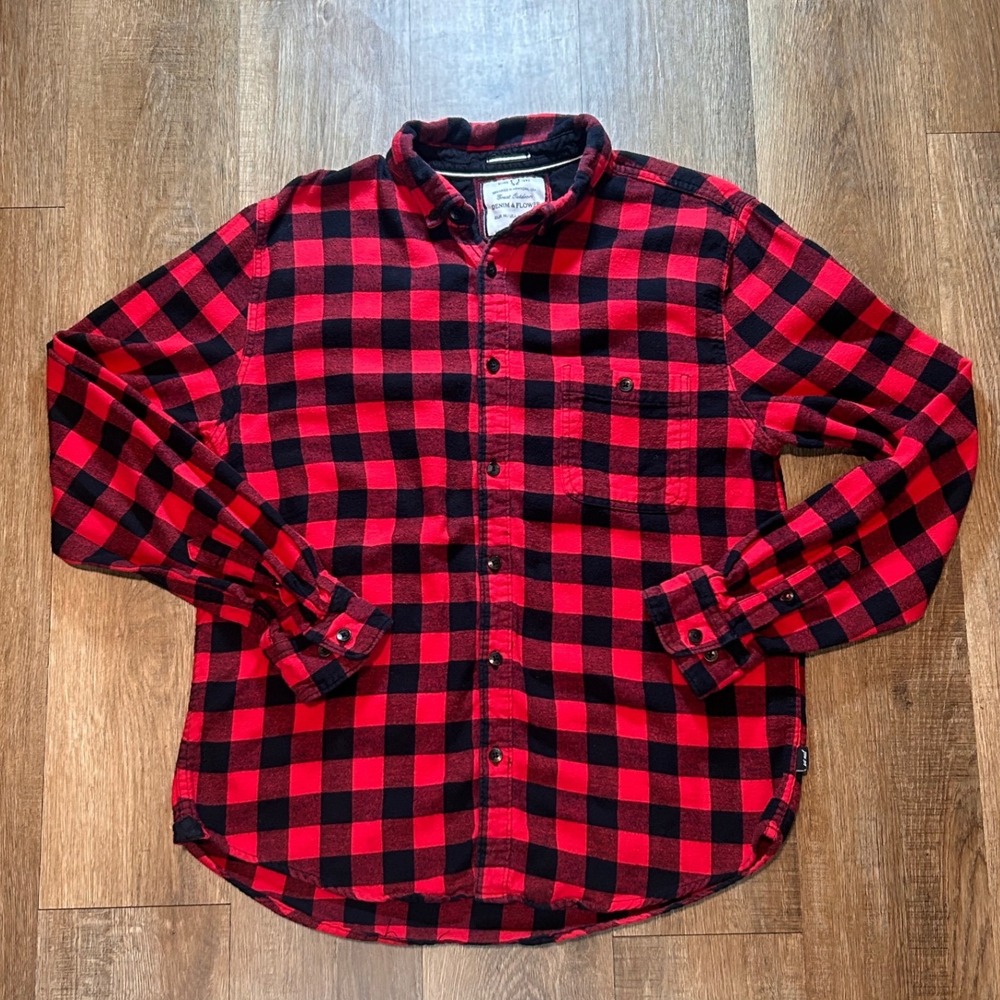 Denim & Flower Mens Flannel Shirt Slim Fit Red Black Gorpcore Buffalo Plaid Med